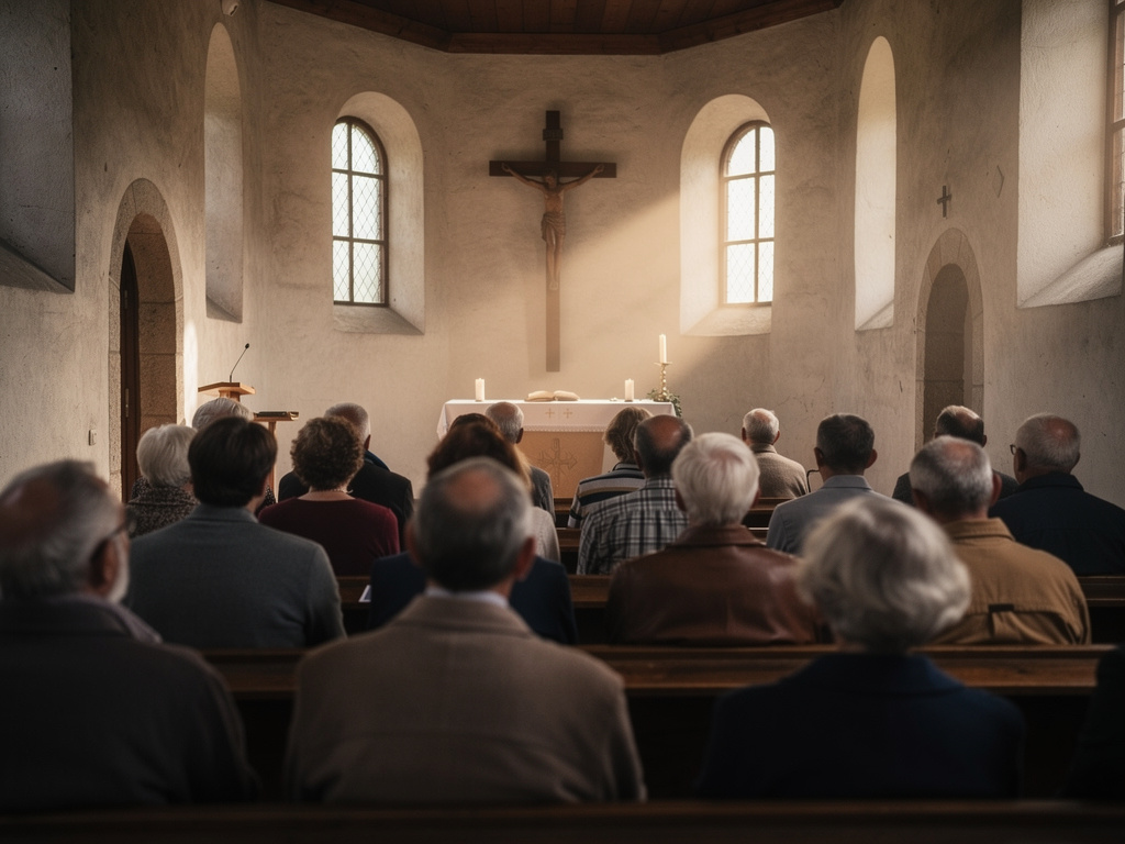 Gottesdienst in einer ländlichen Kirche – Gemeinde in Kirchenbänken von hinten, Blick zum Altar